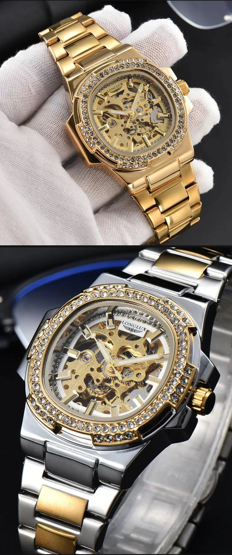LONGLUX automatic man watch luxury stainless steel wholesale mechanical wristwatches skeleton waterproof diamond watch man watch