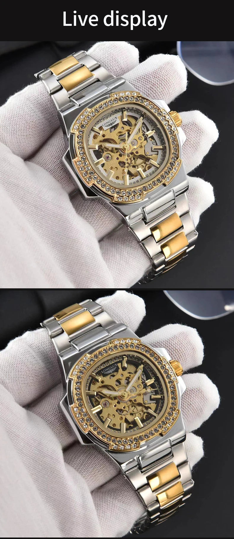 LONGLUX automatic man watch luxury stainless steel wholesale mechanical wristwatches skeleton waterproof diamond watch man watch