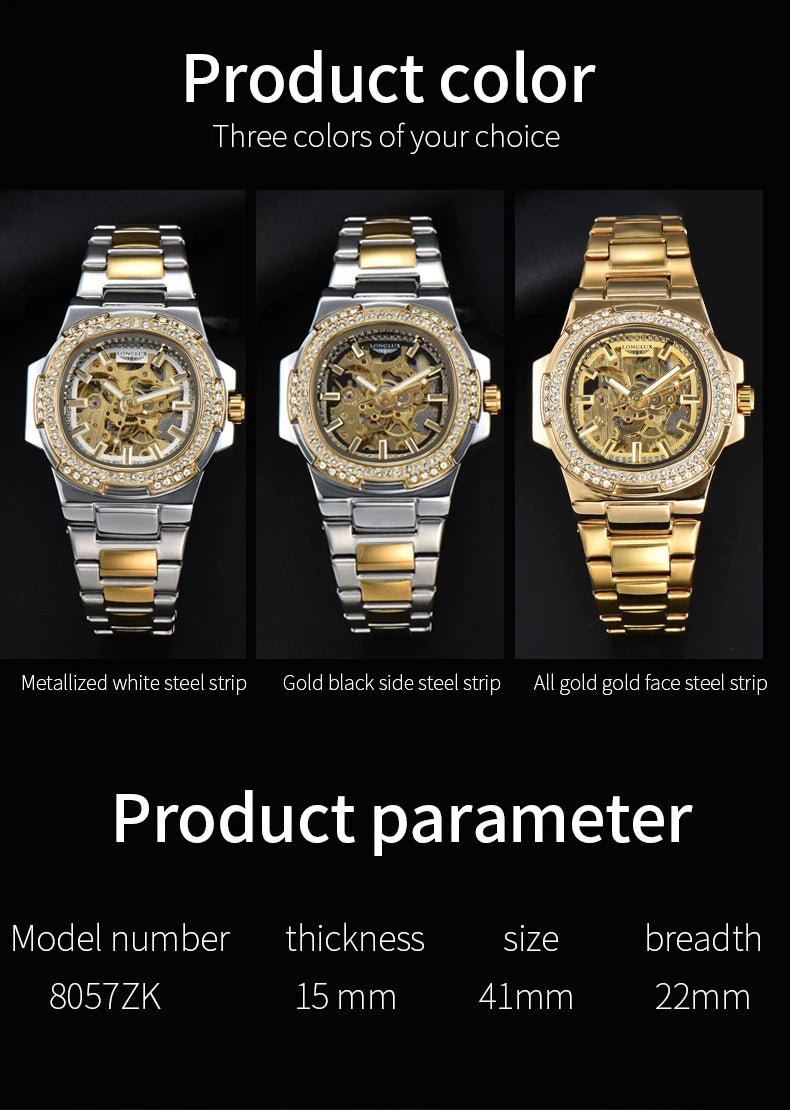 LONGLUX automatic man watch luxury stainless steel wholesale mechanical wristwatches skeleton waterproof diamond watch man watch