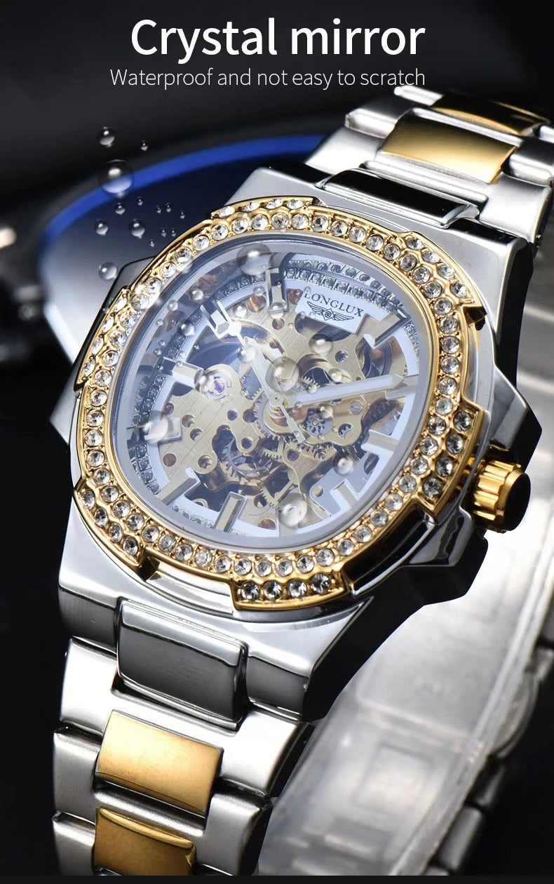 LONGLUX automatic man watch luxury stainless steel wholesale mechanical wristwatches skeleton waterproof diamond watch man watch