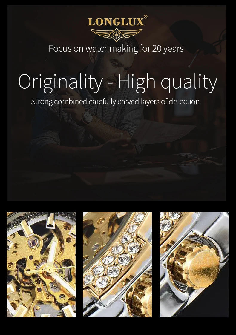 LONGLUX automatic man watch luxury stainless steel wholesale mechanical wristwatches skeleton waterproof diamond watch man watch