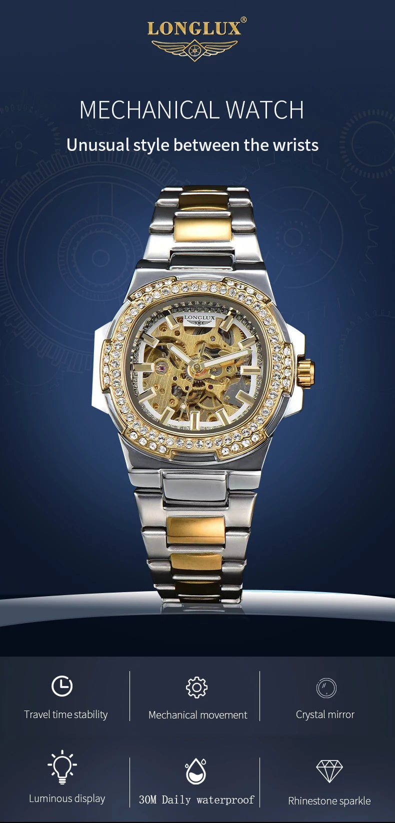 LONGLUX automatic man watch luxury stainless steel wholesale mechanical wristwatches skeleton waterproof diamond watch man watch