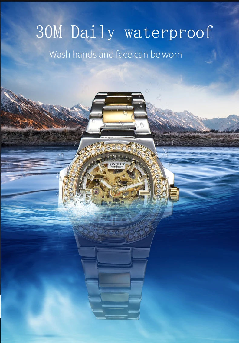LONGLUX automatic man watch luxury stainless steel wholesale mechanical wristwatches skeleton waterproof diamond watch man watch